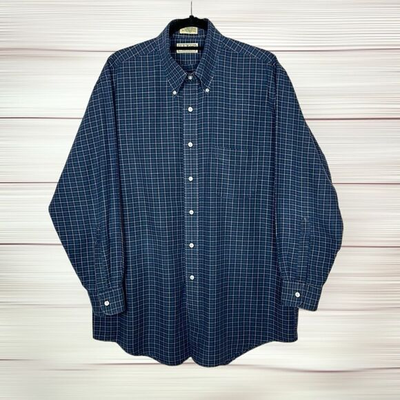 L.L. Bean Main Vintage Shirt Button Down Cotton Deep Blue Plaid 17 - 33 - Picture 2 of 10